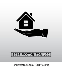 Hand with House sign icon, vector illustration. Flat design style 