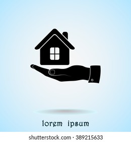 Hand with House sign icon, vector illustration. Flat design style 