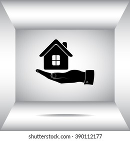 Hand with House sign icon, vector illustration. Flat design style 