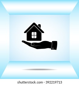 Hand with House sign icon, vector illustration. Flat design style 