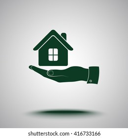 Hand with House sign icon, vector illustration. Flat design style 