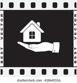Hand with House sign icon, vector illustration. Flat design style 
