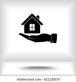 Hand with House sign icon, vector illustration. Flat design style 