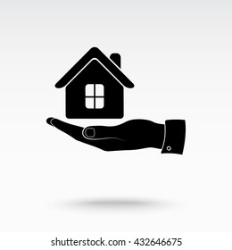 Hand with House sign icon, vector illustration. Flat design style 