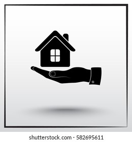 Hand with House sign icon, vector illustration. Flat design style 