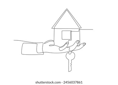 Hand with house and slipping house key in finger. Buy a new house concept one-line drawing