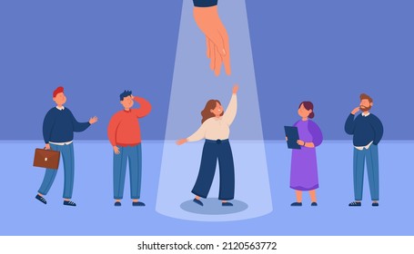 Hand of HR manager choosing woman as best candidate. Employer searching for people with talent, professional person in spotlight flat vector illustration. Human resources, success concept for banner