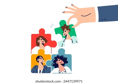 Hand of HR specialist building team to create strategic advantage over business competitors. Manager or recruiter organizes team building to strengthen connection between employees of corporation