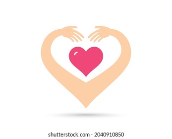 Hand hug care logo design. Friendship and Volunteer help. Trust warm embrace. Volunteering care support. Giving a friends hug. Medical health protection. Love relationship with care hands. Vector logo