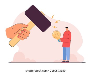 Hand with huge hammer threatening tiny man with lightbulb. Worker or employee with new idea flat vector illustration. Censorship, creativity, inspiration concept for banner or landing web page