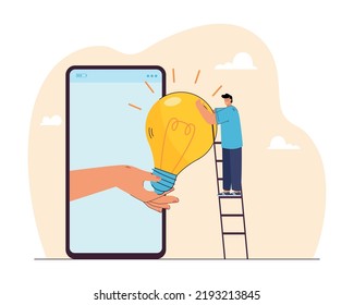 Hand from huge phone giving man on ladder big lightbulb. Business person getting idea for project flat vector illustration. Creativity, start-up, teamwork concept for banner or landing web page