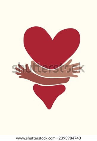 hand hugging a heart with both hands. Organic doodle shapes matisse style, naive art, contemporary backgrounds art