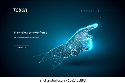 Hand. Human arm or hand or palm is touching Finger touching. Abstract illustration isolated on dark background. Low poly wireframe. Particles are connected in a geometric silhouette
