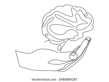 Hand with Human Brain Drawing.Creative Mind Line Icon.Continuous line drawing	