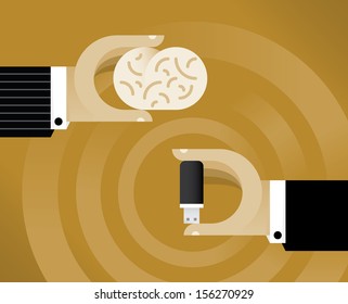 Hand with human brain and hand with USB computer memory flash drive. Idea - Change brain memory to Computer memory with larger data storage and capacity.