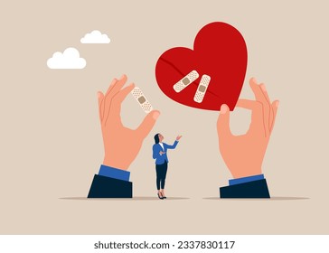 Hand human carrying huge with bandage repaired heart shape. Forget and forgive, open for new relationship. Vector illustration