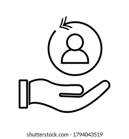 Hand und menschliches Kundenpflegesymbol. Kundenbindung Symbol Patientenunterstützung Service-Support. Sicherheitspiktogramm. Symbol, Betreuung, Kunde, Aufbewahrung, Patient, Kunde, Hilfe, Verbraucher, Vektorgrafik