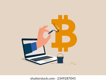 Hand human draws a bitcoin symbol with yellow paint and a brush close-up. Vector illustration.