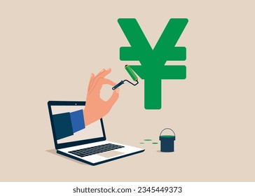 Hand human draws a yuan currency with green paint and a brush close-up. Vector illustration.