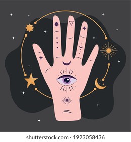 Hand von Menschen mit Augen, esoterischen und goldenen Sternen und Moon-Vektorgrafik-Design