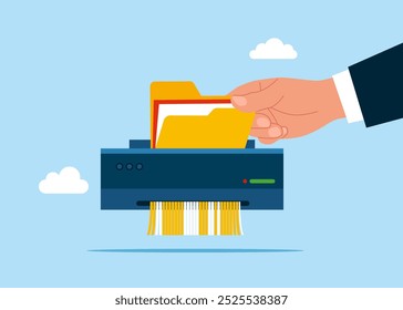 Hand human feed files folder into shredder to destroy losing all his wealth. Documents shred bad online data, causing losing money. Flat vector illustration.