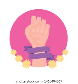hand human fist in frame circular with flowers decoration