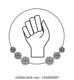 hand human fist in frame circular with flowers