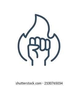 hand human fist motivating, spirit or protesting with fire flame line style icon