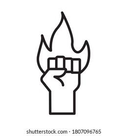 mano puño humano protestando con diseño de ilustración vectorial de línea de llama de fuego