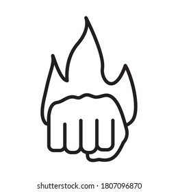 mano puño humano protestando con diseño de ilustración vectorial de línea de llama de fuego
