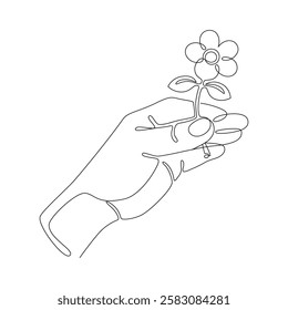 Hand of human with flower, drawn with continuous line in minimalism, abstract, small gift, romantic act, apology, seduction, Valentine day, one line, editable vector contour