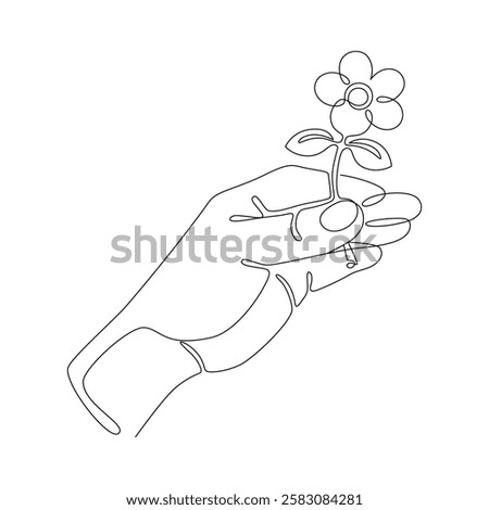 Hand of human with flower, drawn with continuous line in minimalism, abstract, small gift, romantic act, apology, seduction, Valentine day, one line, editable vector contour