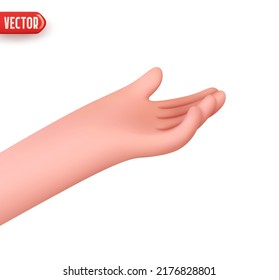 Hand human gesture stretches out his handbreadth to receive. Realistic 3d design In cartoon style. Icon isolated on white background. Vector illustration