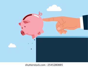 Hand human get rid of pink piggy bank. Modern vector illustration in flat style