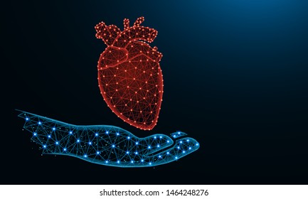 Hand and human heart low poly design, human organ donor in polygonal style, cardiology wireframe vector illustration made from points and lines on dark blue background