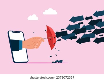 Hand human hold umbrella out of phone to resist the falling arrow. Vector illustration