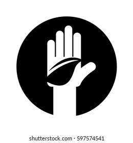 hand human with leaf plant ecology symbol vector illustration design