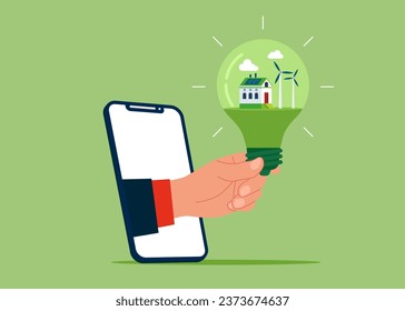 Hand human out of phone hold Light bulb. Green energy technology. Flat vector illustration. 