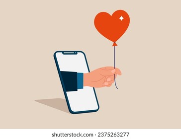 Hand human out of phone hold heart shaped balloon. Vector illustration