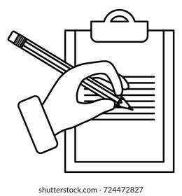 hand human with pencil writing in clipboard