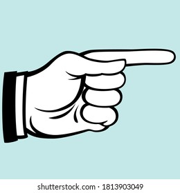 Hand of the human with pointing finger on blue background. Index finger icon. Vector illustration.