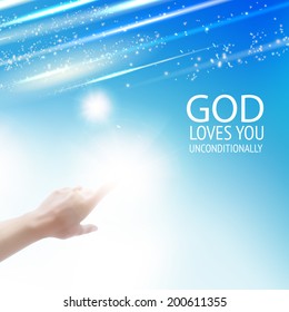Hand of human pointing with finger on sky.