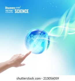 Hand of human pointing with finger on sky. Vector illustration.