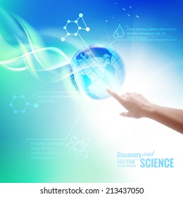 Hand of human pointing with finger on medic elements and dna. Vector illustration.