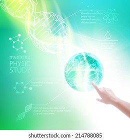 Hand of human pointing with finger on medic elements and dna. Vector illustration.