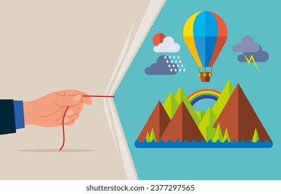 Hand human pulling light blank fabric. Beautiful mountains, hot air balloon, rainbow background. Flat vector illustration