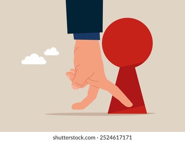 Hand human running to keyhole door on big wall, concept business opportunity and challenges in the future. isometric vector illustration.