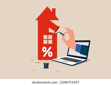 Hand human from the screen laptop to paint a growth interest rate. Real estate, investment, construction, growth, interest rate, mortgage. Vector illustration.