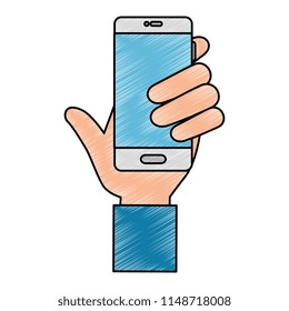hand human with smartphone device isolated icon