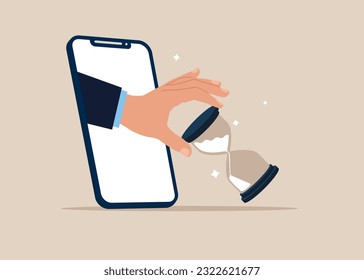 Hand human from smartphone trying to stop sandglass before it fall. Project deadline, running out of time or time management.